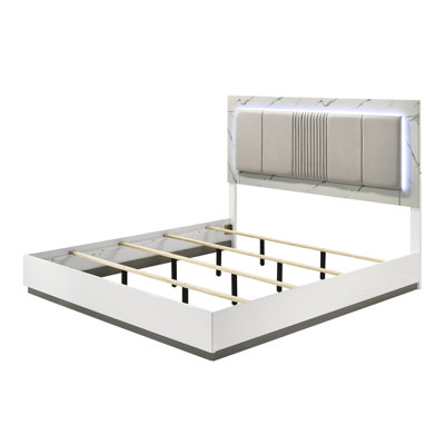 White Modern Queen Bed Frame Featuring Marble - Look Headboard, Integrated Led Lights, Generously Padded Comfort, Solid Wood + Filler For Bedroom Contemporary Size With High Gloss & Lacquer Finish,
