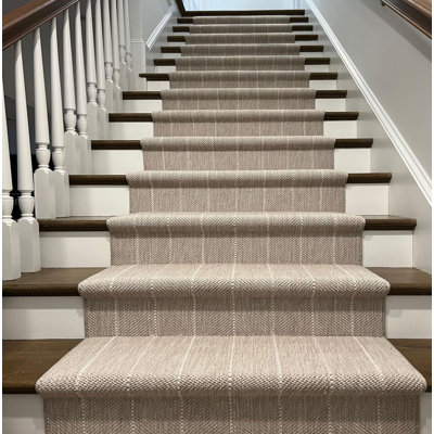 Handmade Wool Chevron Runner Rug, Custom Length, Tan & Ivory Flatweave for Hallway & Stairs