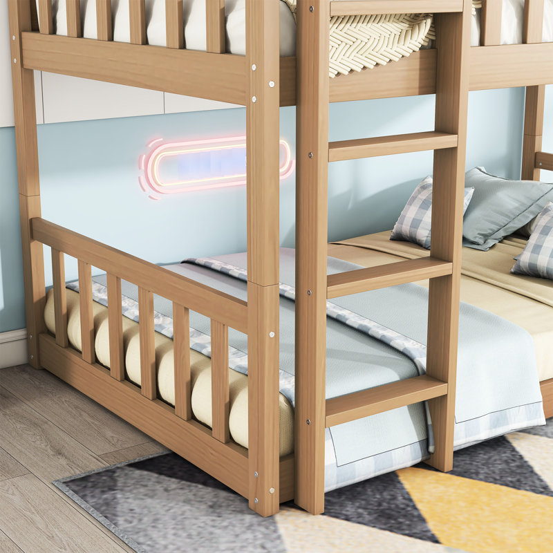 Élégant lit superposé simple au-dessus d'un lit superposé triple en bois d'hévéa blanc, Chêne blanc