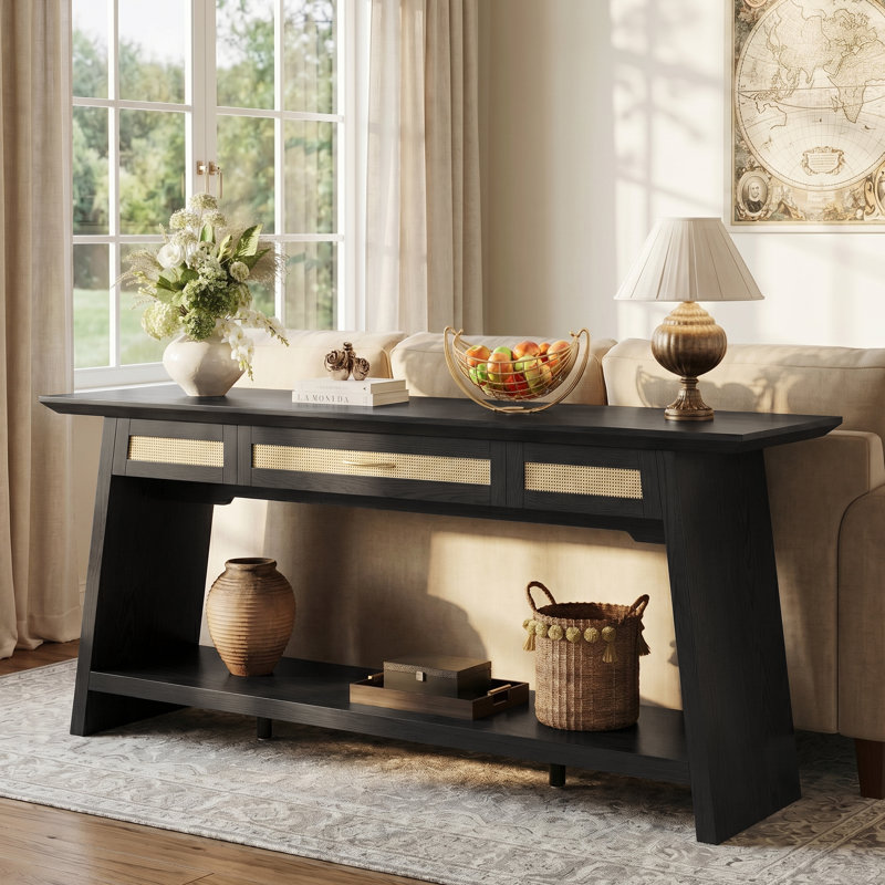 70.9”Rattan Entryway Table with Drawer, Narrow Long Console Table Behind Sofa, Modern Entry Accent Hallway Table for Living Room, Behind Couch, Entrance,Black
