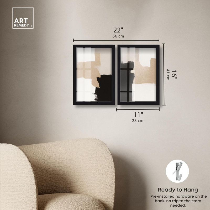 «Neutral Harmony Boho Art», ensemble de 2 panneaux par Shadowbox , Noir, H 16 po x l 11 po