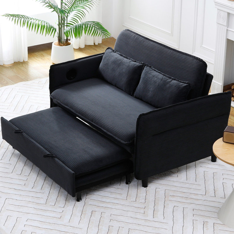 Canapé rembourré 65,7 po en velours côtelé avec porte-gobelet, Noir