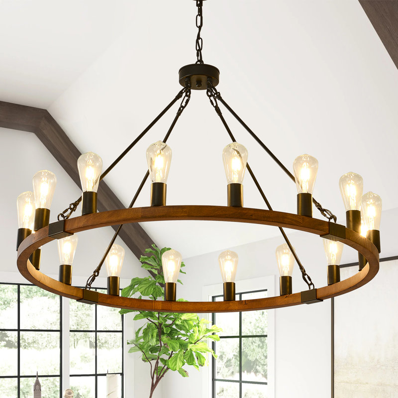 16-lights Farmhouse Wagon Wheel Chandeliers, Rustic Round Pendant Light Fixture, 25.4" H x 40" W x 40" D