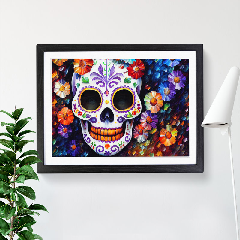 XH1022-7114X Precious Floral Sugar Skull - Single Picture Frame Print, Black Framed, 25cm H x 34cm W x 2cm D