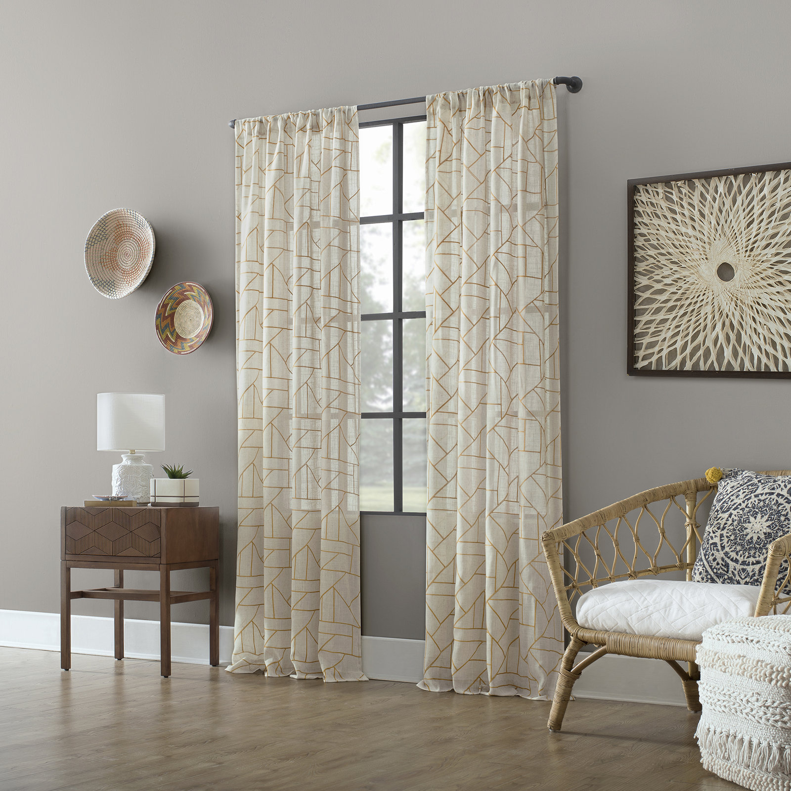 Lianne Semi Sheer Linen Curtain, 50" W x 63" L, Gold/Linen