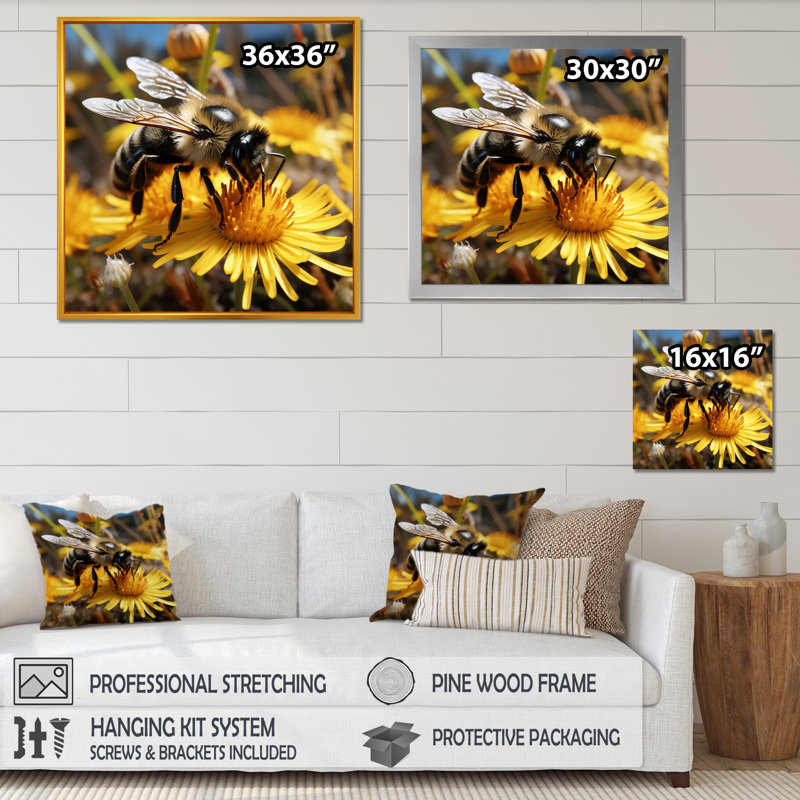 Pollen Fzzy Buzz Bumble Bee - abeille, art mural, Cadre photo blanc, H 36 po x l 36 po x P 1,5 po
