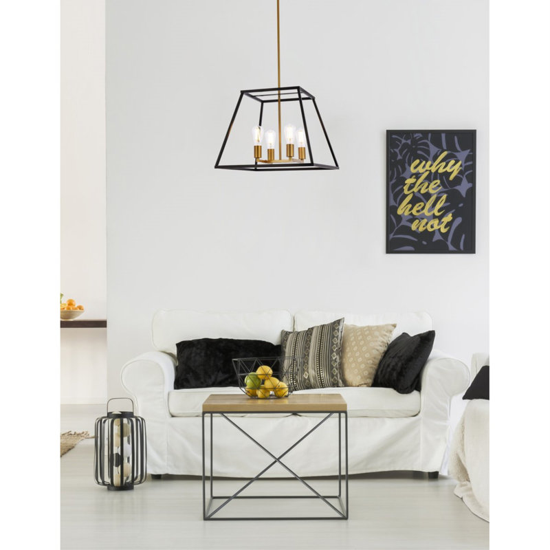 Gloriajean 4 - Light Dimmable Lantern Linear Chandelier, Black/Brass, 15.7" H x 20" W x 20" D