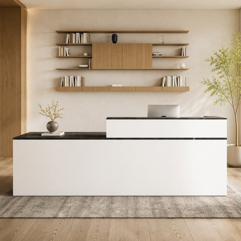 Bureau de réception en L 71 po avec comptoir - Réception moderne avec tiroir verrouillable, plateau à clavier et gestion des câbles pour le bureau, le salon, le hall d'entrée (blanc et noir, à gauche)