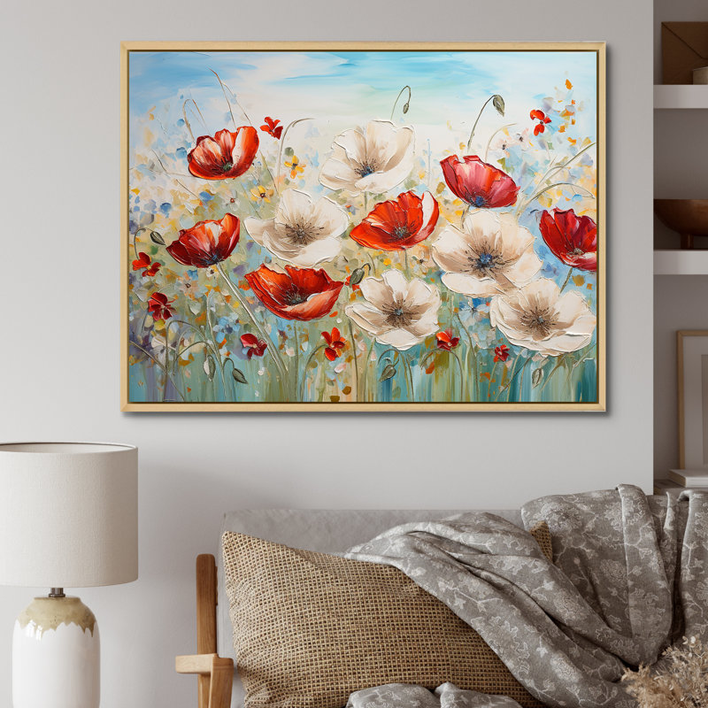 «Red Poppies Blossoming I» sur toile, Cadre naturel flottant, H 30 po x l 40 po x P 1,5 po