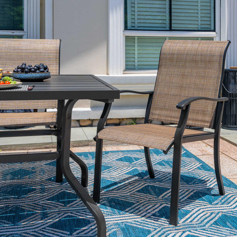 Outdoor 7-Piece Rectangular Dining Set for 6 person, with PVC Fabric and Powder-coated Iron Frame, 1.57'' Umbrella Hole, for Patio, Deck, Garden, Backyard, Balcony, Black and Brown