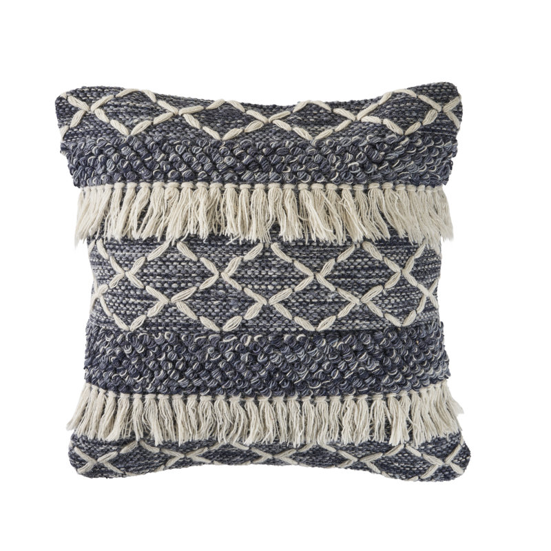 Striped Fringed Wool Geometric Throw Pillow Cover, Blue/White, Pillow Cover Only - No Insert