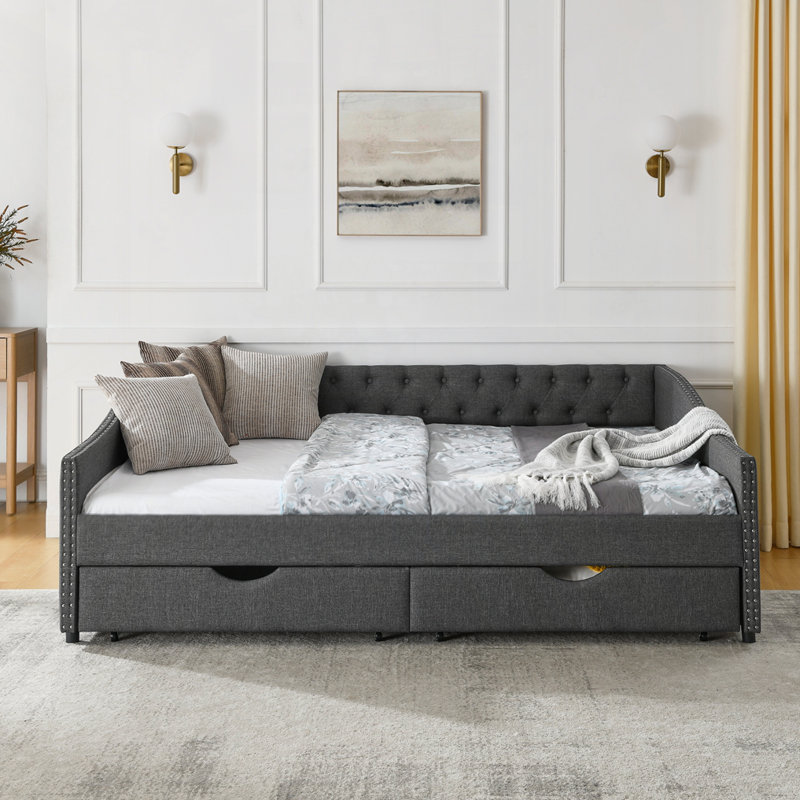 Upholstered Queen Size Daybed with Drawers, Queen, Dark Gray