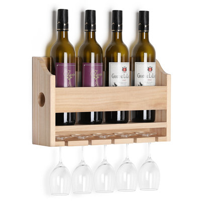 4 Bottle Solid Wood Wall Mounted Wine Bottle & Glass Rack