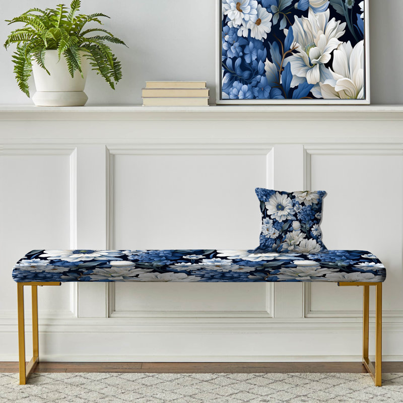 Blue And White Blooming Floral Pattern IV - Floral Upholstered Gold Bench