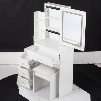 29.2" Small Size Left Bedside Cabinet LED Mirror Vanity Table + Cushioned Stool, Large Sliding, Touch Control, 3-Color Switch, Brightness Adjust Mirror, High Capacity Storage, EPA, GCC, UL Certificate