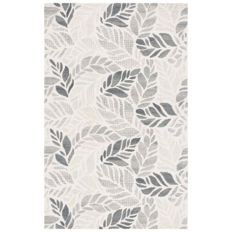 Ivory and Grey Floral Hand-Tufted Wool Area Rug, 5' x 8'
