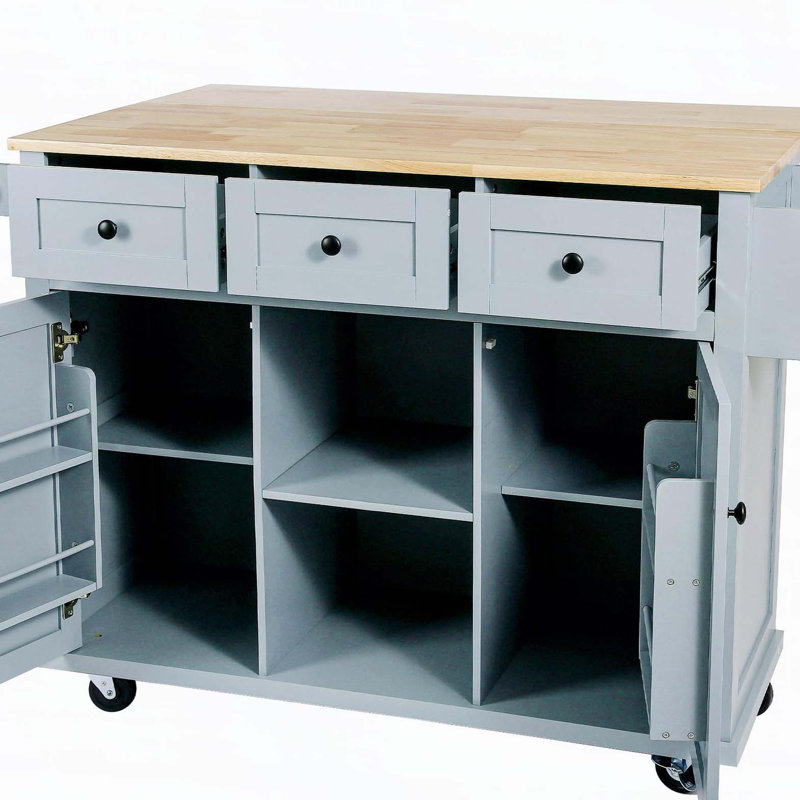 Kitchen Cart with Rubber wood Drop-Leaf Countertop ,Cabinet door internal storage racks,Kitchen Island on 5 Wheels with Storage Cabinet and 3 Drawers for Dinning Room, Grey Blue