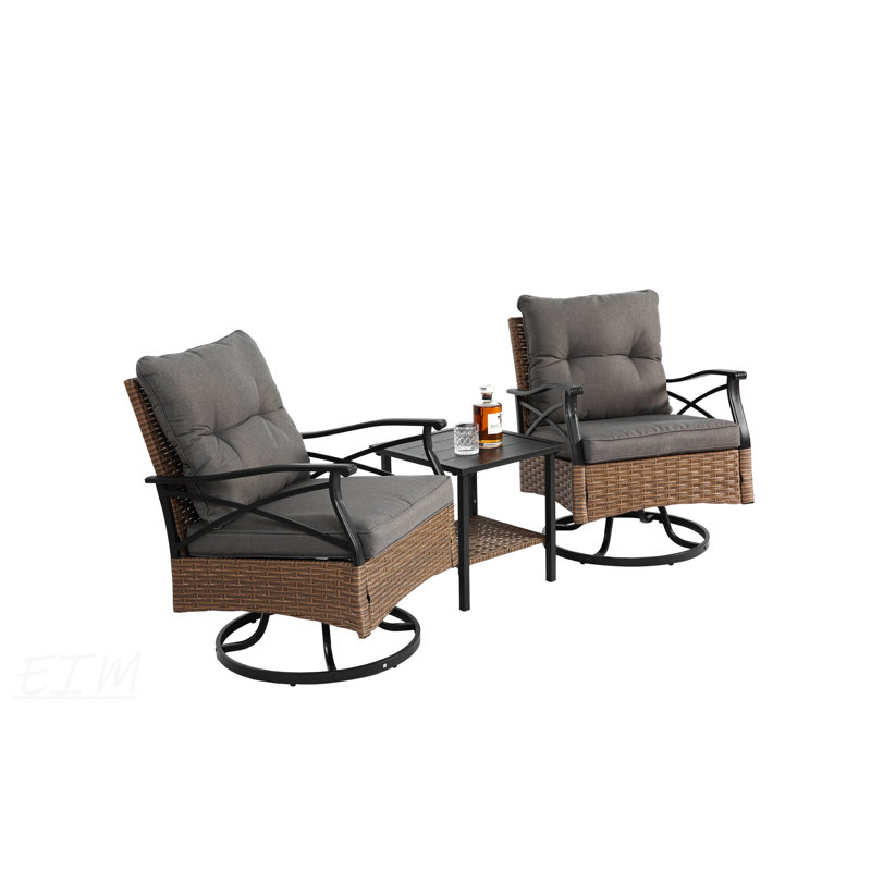 Ensemble de chaises berçantes pivotantes pour l'extérieur avec table, structure en acier robuste, rotation à 360 degrés, coussins confortables et osier durable