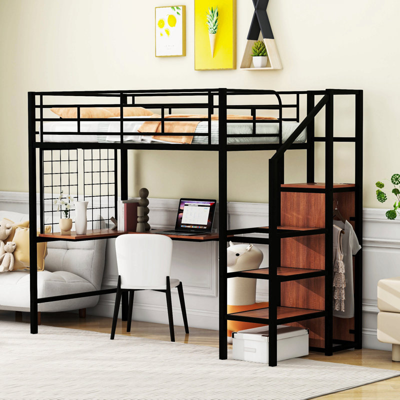 Metal Loft Bed With Desk And Metal Grid, Stylish Metal Frame Bed With Lateral Storage Ladder And Wardrobe, Twin, Black