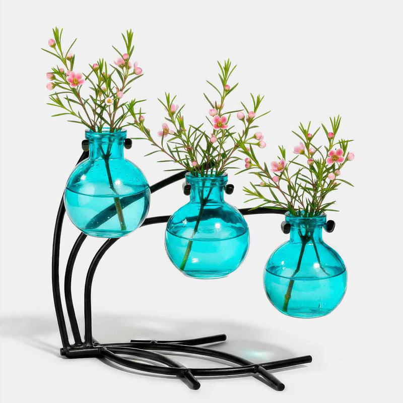 Creative 3 Piece Table Glass Bud Vase Set - Metal Holder, Aqua Blue