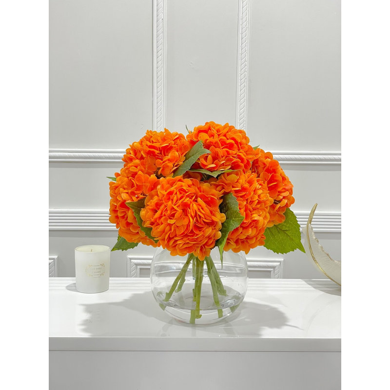 Large Fall Orange Hydrangeas In Glass Vase - Faux Floral Arrangement For Home Decor
