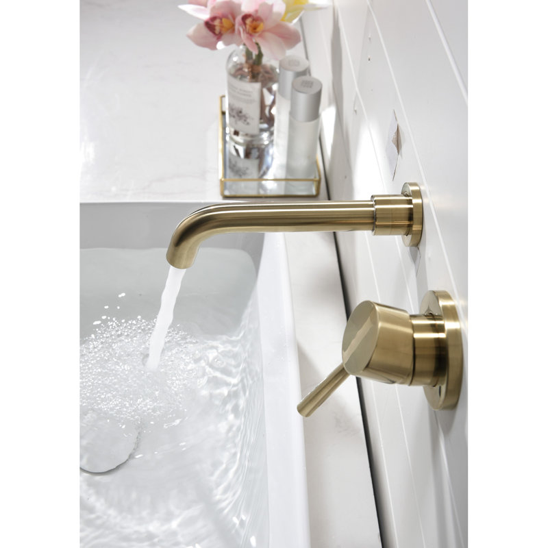 Brushed Nickel Wall Mounted Bathroom Faucet With Pop-Up Drain, Single Handle For Effective Water Regulation, Splash Design, Stainless Steel Sink In Gold - Lever Optimal Control, Noise-Reducing