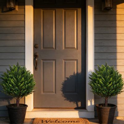 Set of 8 Artificial Topiary Ball Trees 22 Inch with Ground Spikes | UV Resistant Faux Cypress Plants for Outdoors | No Maintenance Evergreen Shrubs for Front Porch, Garden, Backyard, Patio Decor | Realistic PE Material, Weatherproof, Easy Assembly