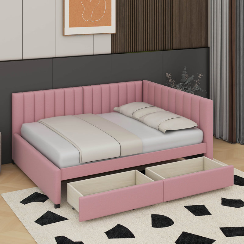 Full Size Upholstered Daybed With Drawers, Pink