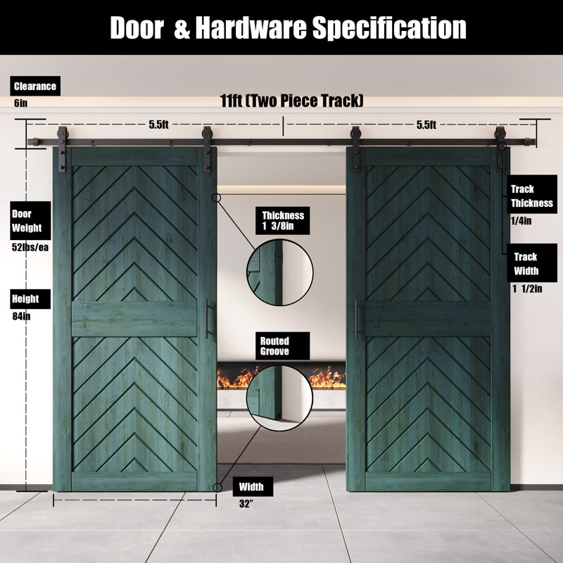 Homacer Royal Pine 32 po. X 84 po. Ensemble de quincaillerie à deux arêtes de poisson 4-en-1 fini et non assemblé avec trousse de quincaillerie d'installation sans dérivation, rail de 11 pi, utilisation intérieure seulement