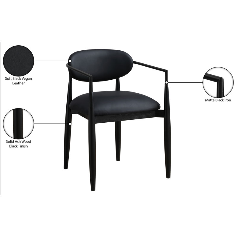 Eligah Vegan Leather Upholstered Dining Arm Chair, Black Vegan Leather, Stained Black / Powder Coated Black