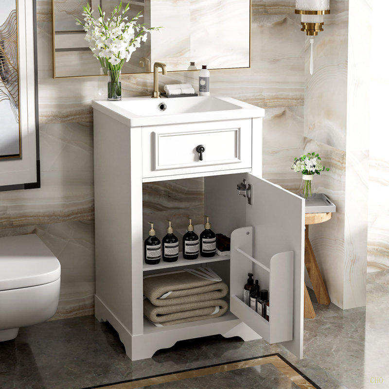 Meuble-lavabo de 20 pouces avec lavabo en céramique, porte à fermeture douce, tablette réglable et support de rangement fixé à la porte - idéal pour les petites salles de bain