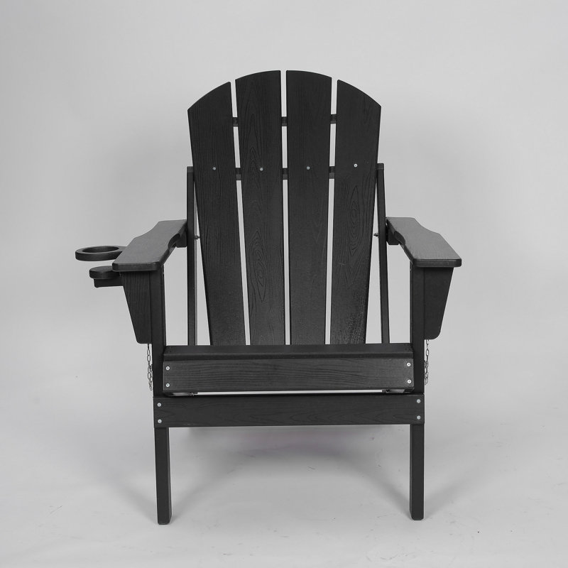 HDPE Folding Adirondack Chair With Dual Cup Holder - Composite Adirondack Chair With Wood Texture- Black, Black