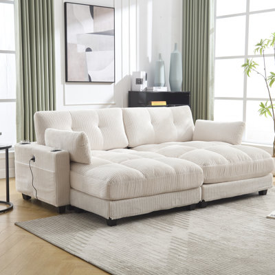 Canapé en velours côtelé avec coussin réglable, prise de charge et accoudoir mobile pour lit-couchette fonctionnel, porte-gobelet