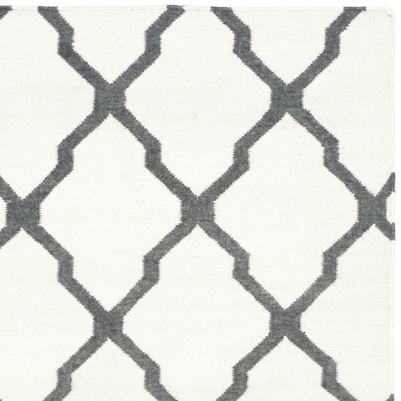 Rodgers Hand Woven Flat Weave Wool/Viscose/Cotton Geometric Rug in Ivory/Charcoal, Runner 2'6" x 8'