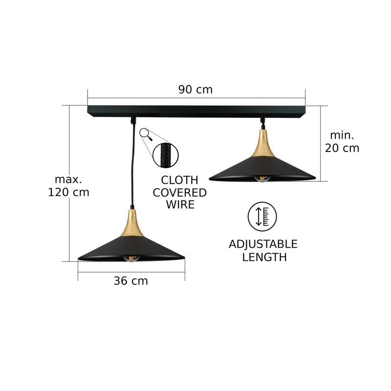 - Light Pendant, Gold/Black, 120cm H x 105cm W x 36cm D, 2 Lights