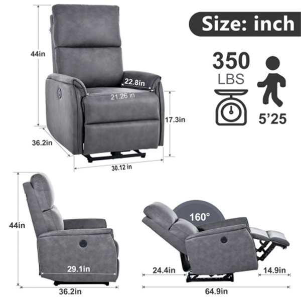 Small Home Theater Chair Lift Electric Recliner with USB Port Side Button Control Safety Cushion Latitude Run Body Fabric: Gray 100% Polyester