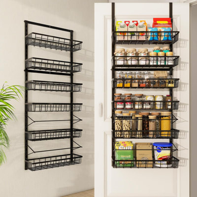 Over The Door Pantry Organizer 6-Tier, Adjustable Hanging Baskets Metal Wall Mount Spice Rack Seasoning Shelves for Home Kitchen, Laundry, Bathroom, Closet & Bedroom Storage
