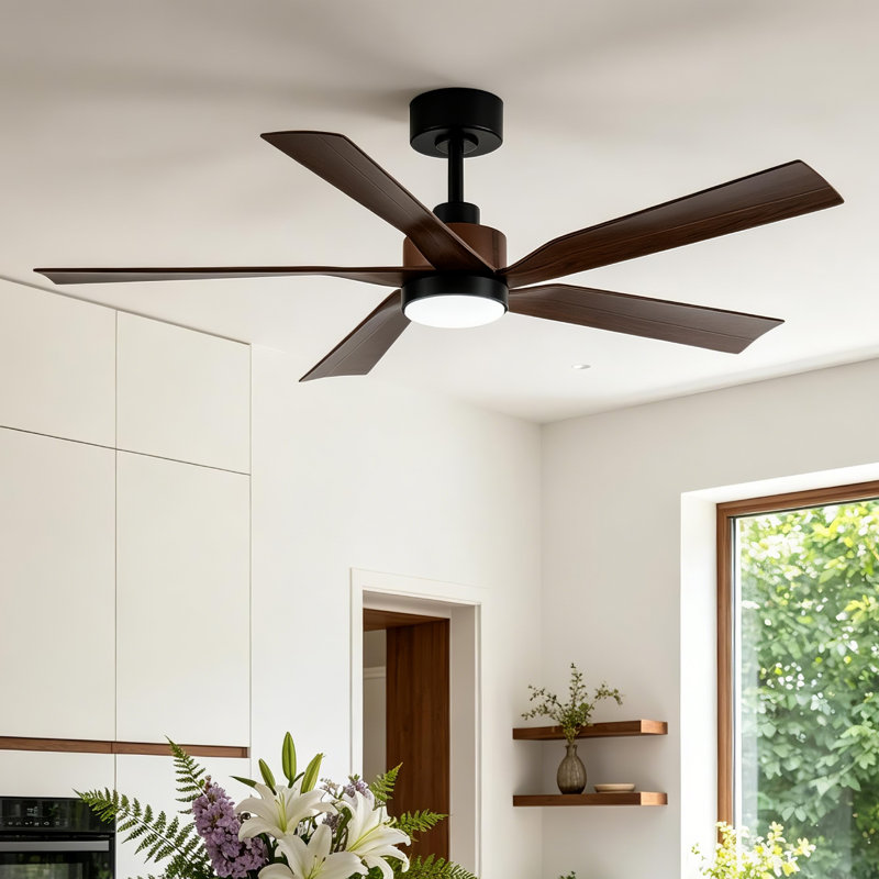 Ventilateur de plafond standard Tuscan 56 po, noir mat, avec tige de suspension, 5 pales, éclairage DEL à intensité variable, moteur CC et télécommande.