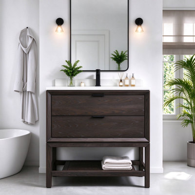 Ensemble de meuble-lavabo autoportant en bois massif brun foncé 36 po avec plateau en marbre d'ingénierie 36 po