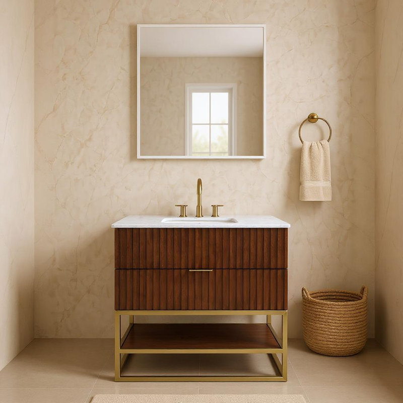Kleier 36" Genuine Marble Top, Steel And Glass Base Vanity, Walnut