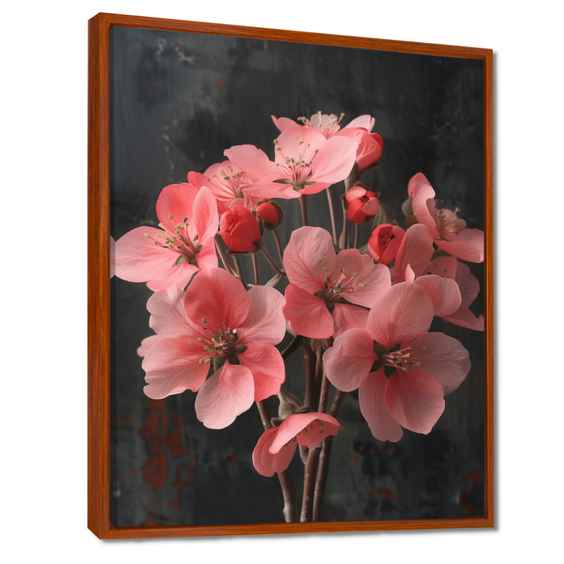 Rose et rose vibrant Bouquet de fleurs de pommier II, Cadre flottant brun, H 24 po x l 32 po
