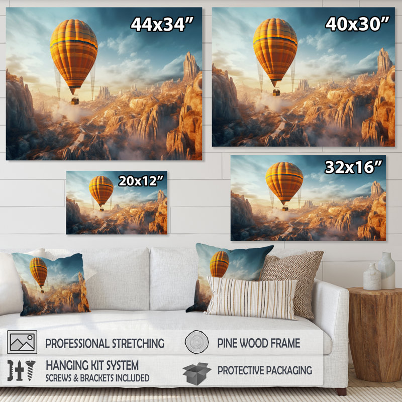 «Yellow Hot Air Ballon», art mural sur toile, H 34 po x l 44 po x P 1,5 po, Cadre simple blanc