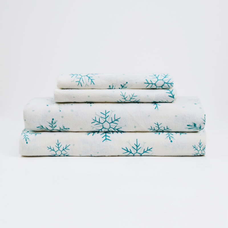 Snowflake 100% Cotton 4-piece Flannel Sheet Set, Full Sheet Set with 2 Pillowcases