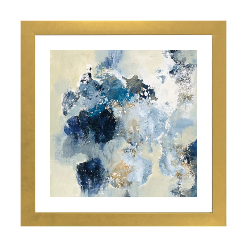 «Indigo» par Silvia Vassileva - impression, H 24 po x l 24 po x P 1 po, Papier encadré doré, Blanc