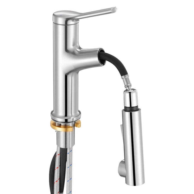 Single Handle Sink Faucet, Single Handle Pull Out Faucet 1 or 3 Hole, Brushed Nickel Stainless Steel Sink Faucets with Push-Button Switch, Suitable for Bathroom, RV, Public Restroom, Lead-free