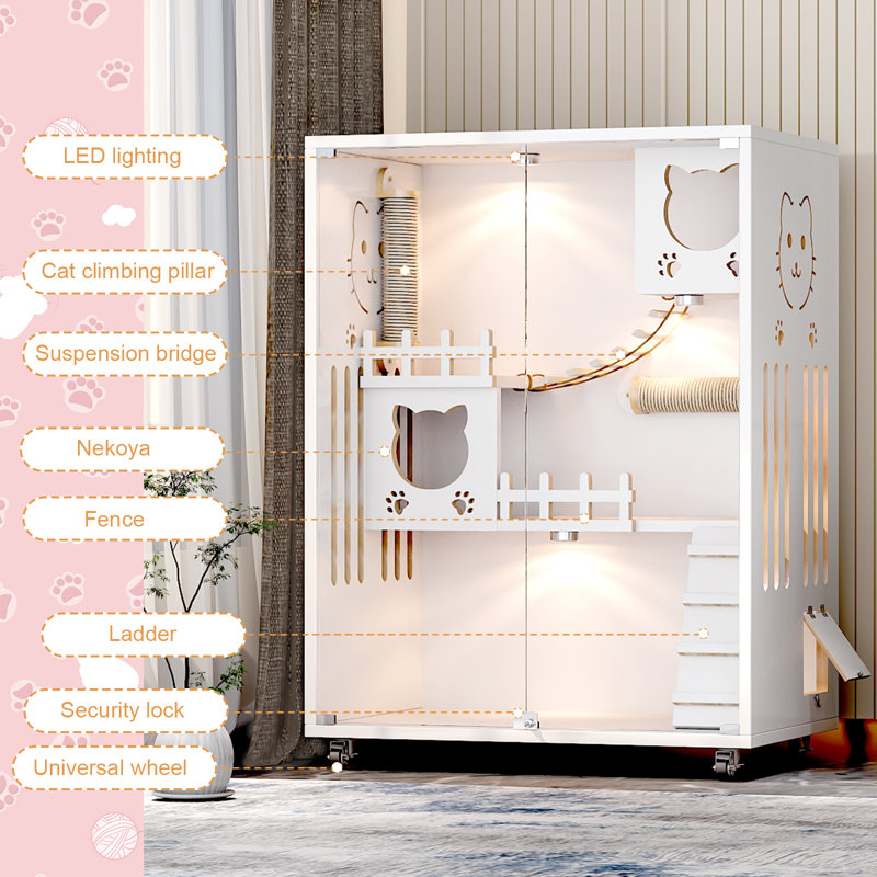 Grande maison pour chat en bois, abri pour chat intérieur avec roulettes, maisonnette pour chat à double porte, serrure à clé sans clé améliorée, fabrication ultrastrong résistante à l'usure, conception ventilée pour plusieurs chats, clôture re
