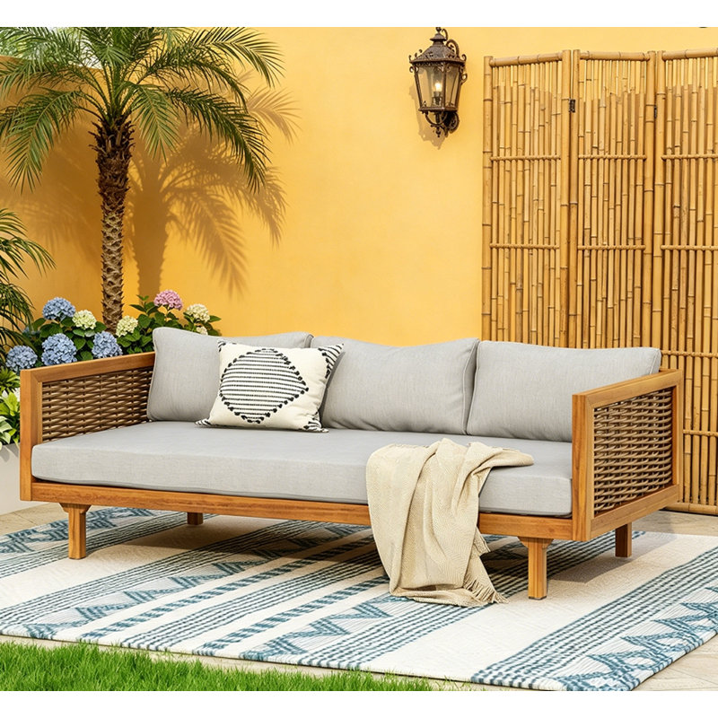 Acacia Wood  Patio Lounge Sofa, light gray,Teak Rattan Arm