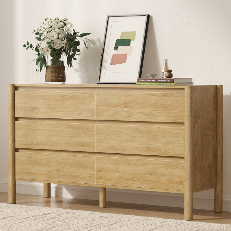 Commode 6 tiroirs, commode double en bois de noyer avec grand rangement pour chambre à coucher, salon, Naturel