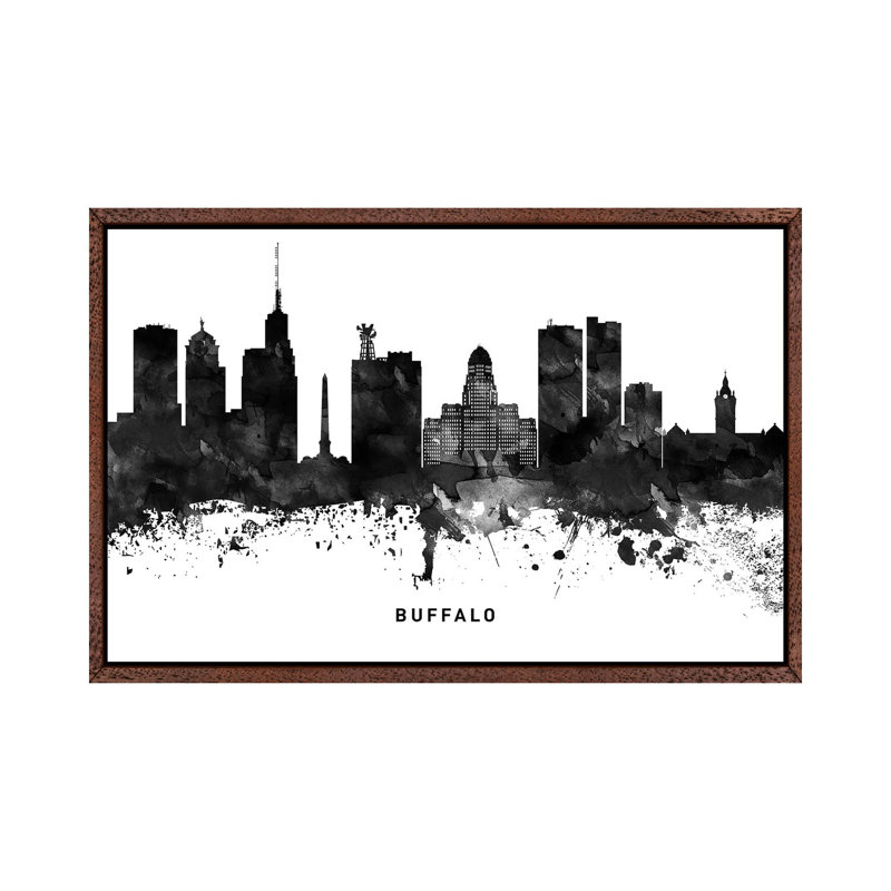 Buffalo Skyline Black And White - Print on Canvas, Classic Brown Wood Framed, 45.72cm H x 66.04cm W x 3.81cm D