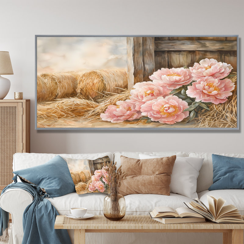 «Donoven Farm Pe pivons In The Hayloft III», art mural pivoines, Argent argent, H 28 po x l 60 po
